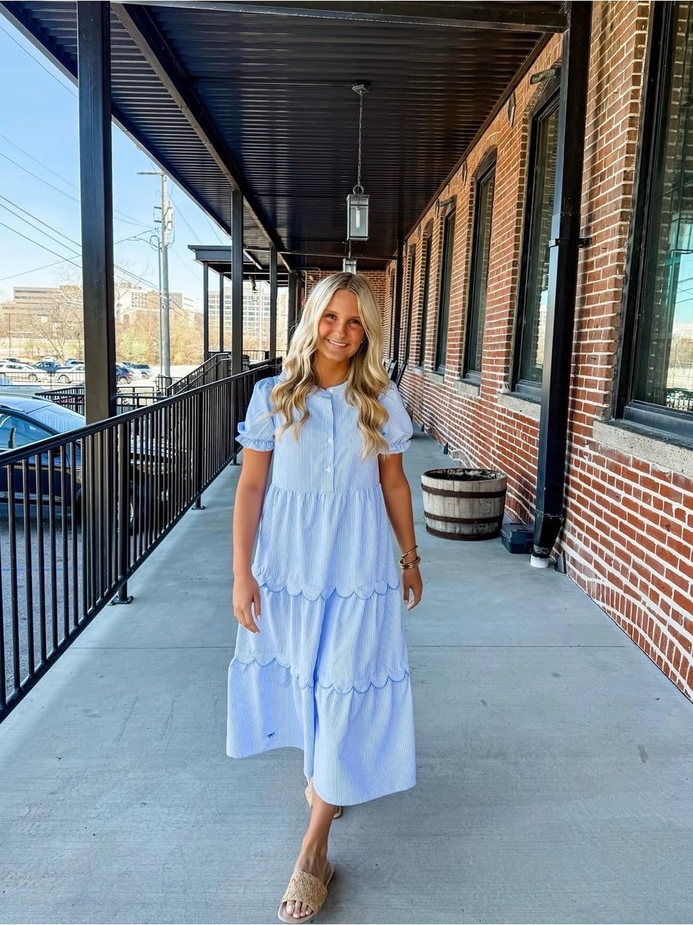 Simply Southern Blue & White Pinstripe Tiered Scallop Midi Dress with Bow Detail - Picture 2 of 4
